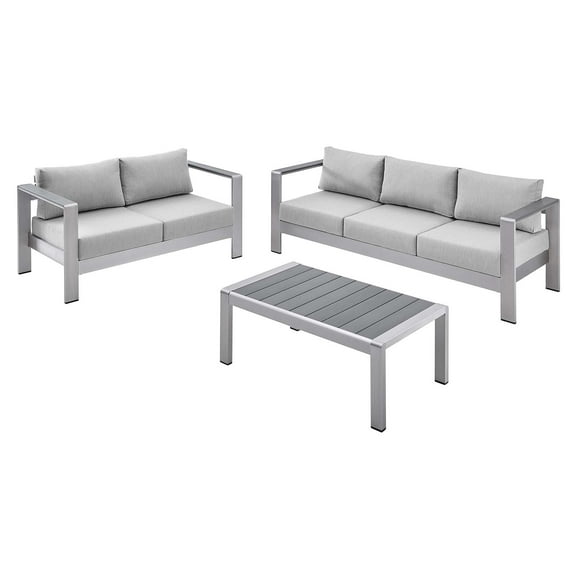 Lounge Sectional Sofa Chair Table Set, Sunbrella, Fabric, Aluminum, Metal, Silver Grey Gray, Modern Contemporary Urban Design, Outdoor Patio Balcony Cafe Bistro Garden Furniture Hotel Hospitality