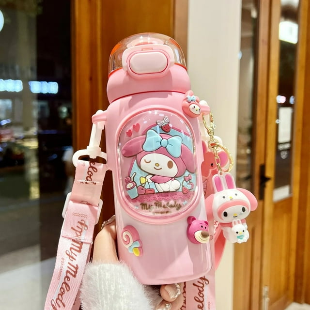 Tetera de paja para niña, bandolera de acero inoxidable Kawaii, 500ml, Sanrio Kuromi, botella termo para niños, taza de agua para estudiantes de escuela primaria,AB add Key Chain