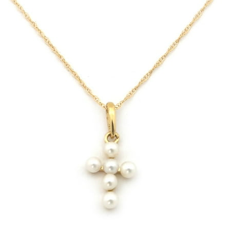 Purple Freshwater Pearl Necklace Children's 14k Yellow or White Gold White Freshwater Cultured Pearl Cross Pendant Necklace - 13 15 16 18 ()