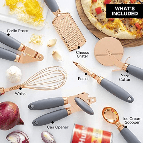 7-Piece Kitchen Gadgets Set Copper Coated Stainless Steel Utensils with Soft Touch Handles, Garlic Press Whisk Cheese Grater(Black)