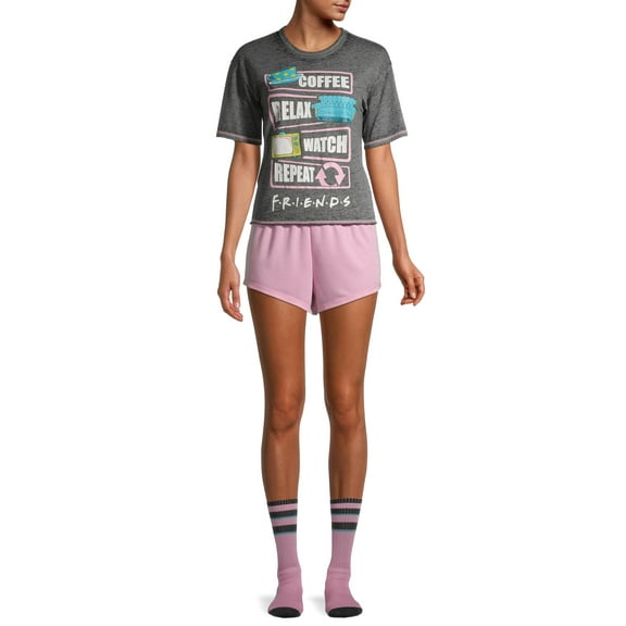 Women's Friends TV Show Pajama Set 3 PC Coffee Relax Watch Repeat Shirt And Shorts With Crew Socks