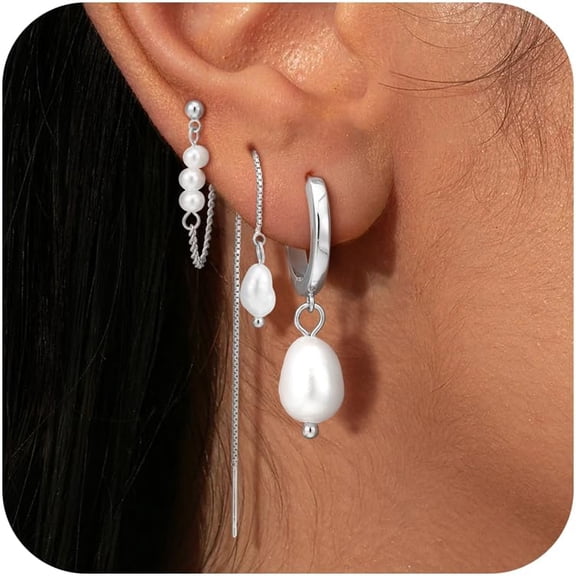 Pearl Earrings Set for Women, Dangle Hoop Earrings, Mismatched Threader & Stud Earrings, 14K Gold Plated Jewelry for Multiple Piercings