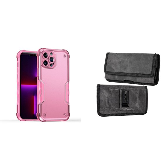 Case with Belt Holster Bundle for iPhone 14: Slim EX Hybrid Series Shockproof Case (Pink) and Rugged Denim Nylon Phone Pouch (Grey)
