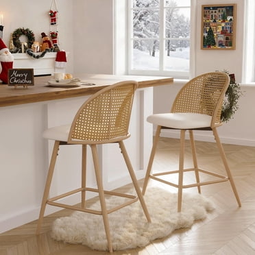 LAZZO 26” Swivel Bar Stools Set of 2, Boho Rattan Counter Height Bar Chairs for Kitchen Island, White