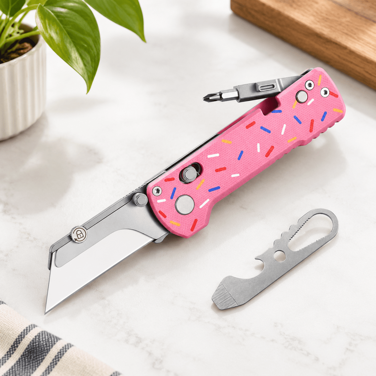 Doughnut Pattern Folding Utility Multitool with Magnetic Bit Driver and Secure Locking