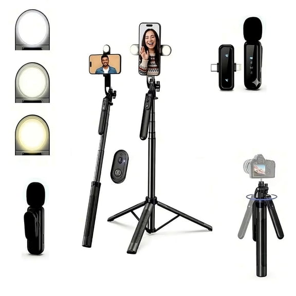 Content Creator Essentials Kit for YouTube, 63" Phone Tripod with Wireless Remote, Microphone and LED Light