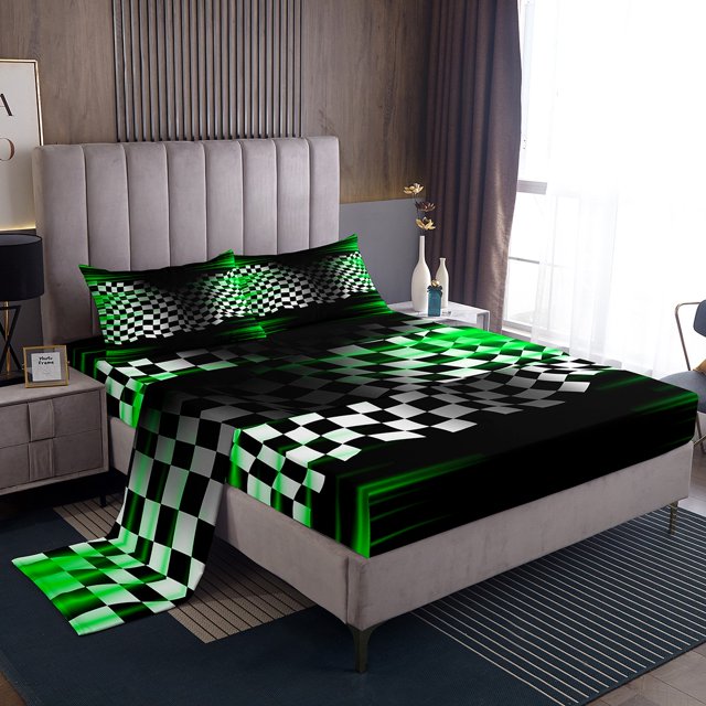 Erosebridal Sports Car Full Sheet Sets, Racing Car Flag Bedding Full Size, Neon Green Decor, 4pcs