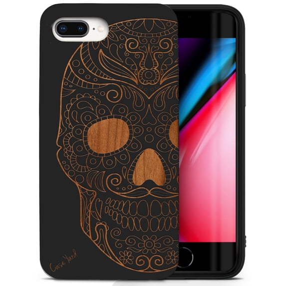 Case Yard Wooden Case for iPhone-8-Plus Soft TPU Silicone cover Slim Fit Shockproof Wood Protective Phone Cover for Girls Boys Men and Women Supports Wireless Charging Half Skull Design