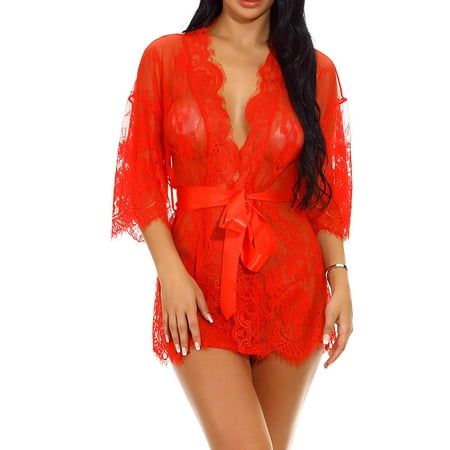 - FeelGlad Women's Lace Kimono Robe Babydoll Lingerie Mesh Nightgown G-String