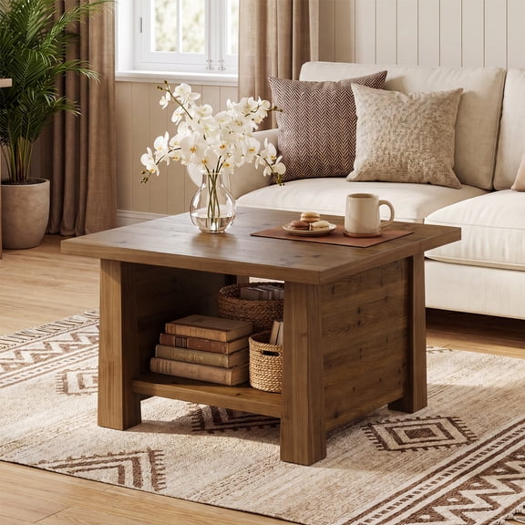 Finmind Solid Wood Coffee Table, 31.5 inch Coffee Table with Storage Shelf, Farmhouse 2-Tier Wooden Center Table for Apartment, Office, Rustic Brown