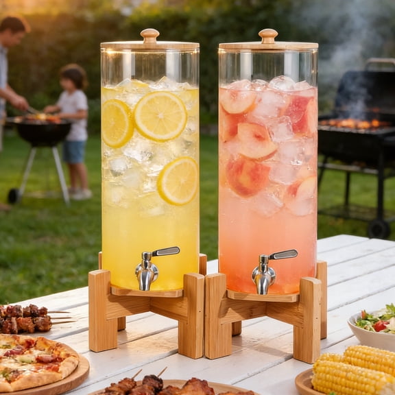 2 PCS 1.6 Gallon Drink dispenser, Large Water Glass Beverage Dispenser With Wood Stand for Parties With Stainless Steel Spigot, Ideal for Lemonade,Juice, Tea, and Party Drinks