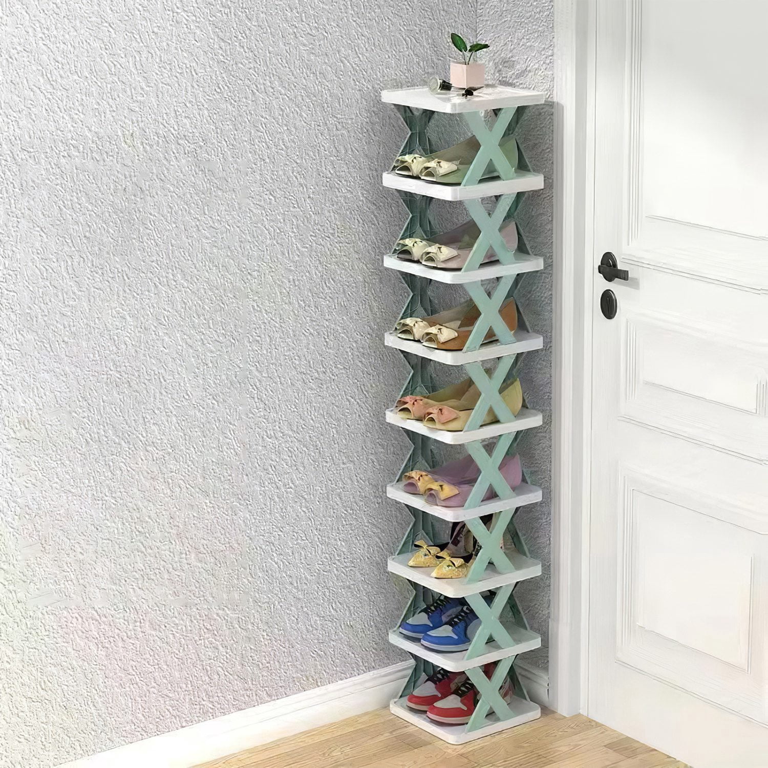 9-Tier Stackable Vertical Shoe Rack TeqHome DIY Narrow Free Standing Shoe Organizer Space Saving for Entryway and Bedroom Blue