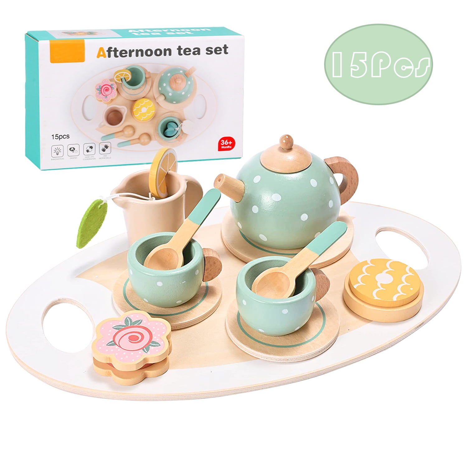 SytleCarry Wooden Toy Tea Set, Montessori Kitchen Toys for 3 4 5 Years