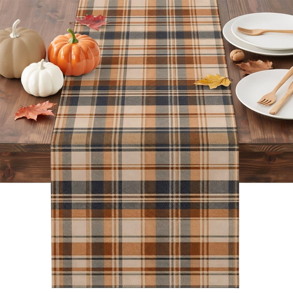 Orange Blue Checkered Table Runner - 108 Inch Long Fall Farmhouse Buffalo Plaid Cotton and Linen Blended Dress Scarves Farmhouse Table Runner for Kitchen Dining, Coffee Table, 13" x 108"