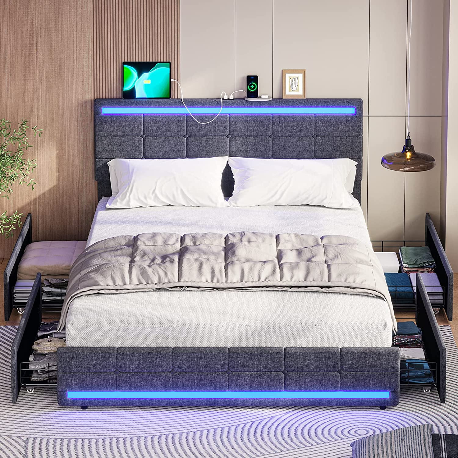 Afuhokles LED Bed Frame Queen Size with 2 USB Ports, Platform Bed Frame with Headboard and Footboard, Storage Drawers, Dark Grey