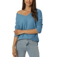 thumbnail image 1 of INSPIRAR CHIC Suéter de Manga Larga de Punto Waffle con Cuello en V para Mujeres, Suelto, Casual y Ligero, Talla S, Azul, 1 of 6