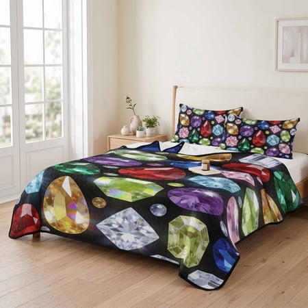 king Quilt Bedding Set, Dreamy Gemstone Colorful Lightweight Coverlet Summer Comforter Set Soft Microfiber Bedspread, Abstract Geometric 3 Piece Quilt Set with 2 Pillow Shams All Seasons Use