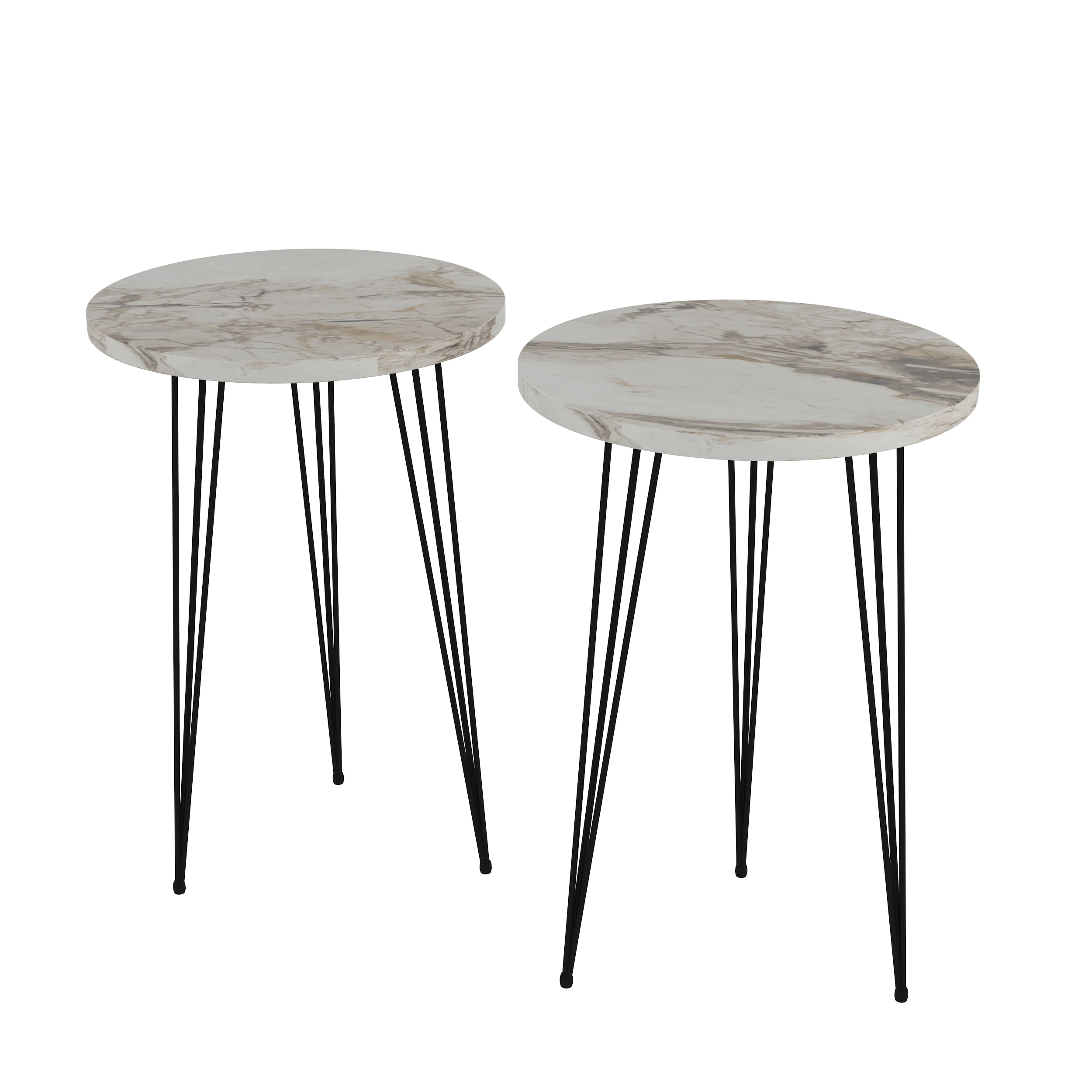 Set of 2 Marble Look Wood Round Side End Tables, White