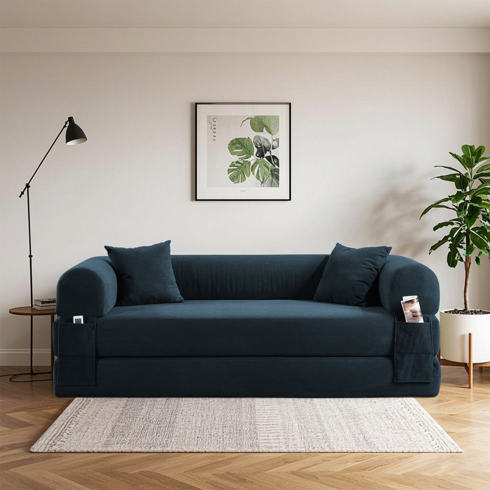 3 in 1 Convertible Sofa Bed, 80" Corduroy Folding Pull Out Couch with 2 Pillows, Floor Sofa with Side Storage for Living Room, No Assembly Modern Boneless Couch Compression Sofa, 35.4"W