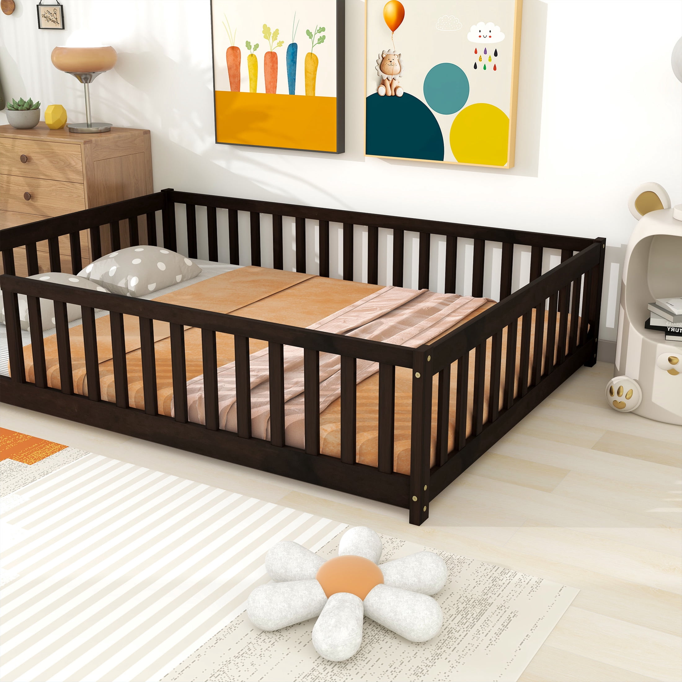 Noble House Lucas Full Size Floor Bed with Safety Guardrails & Open Access, Rubber Wooden Bed Frame, Espresso