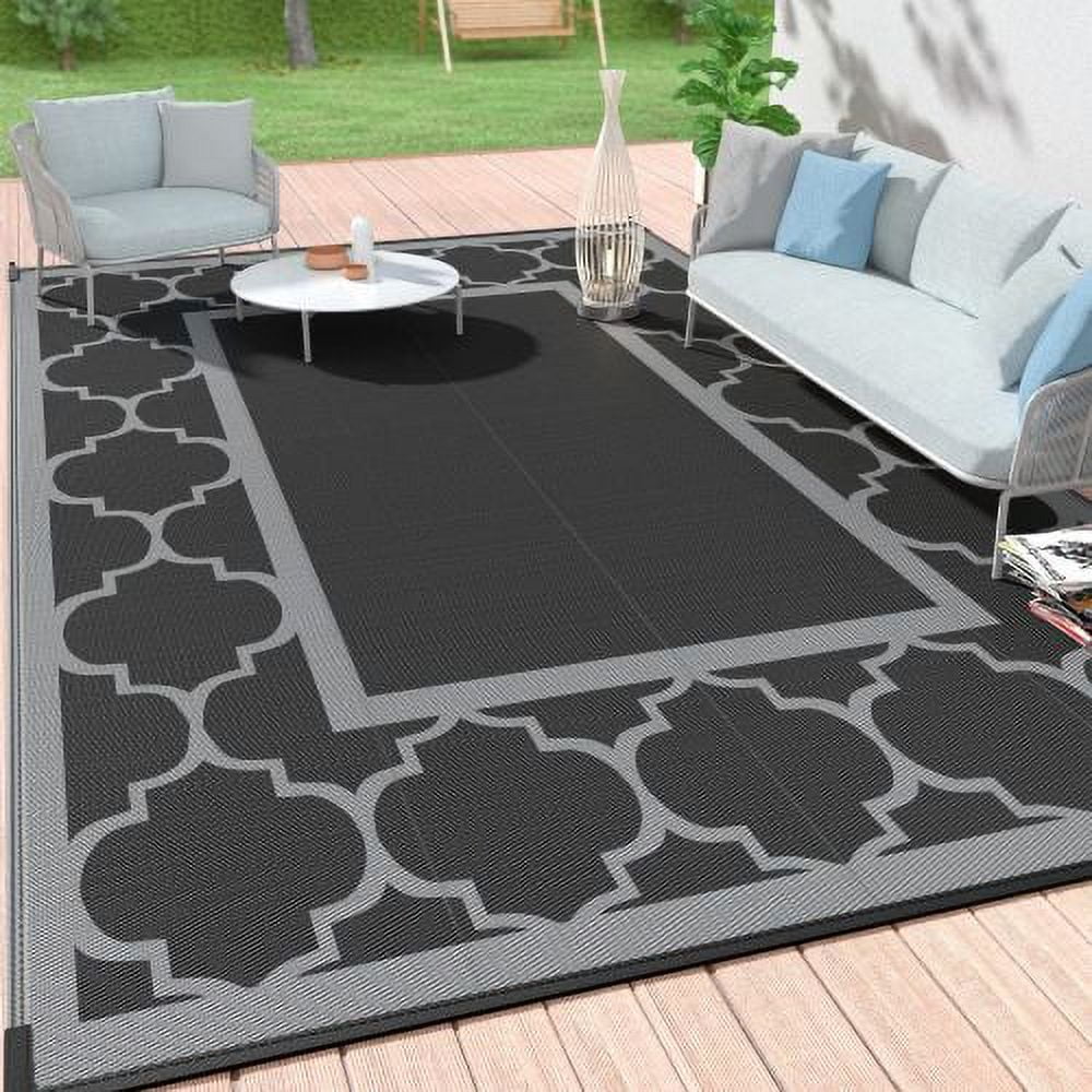DEORAB 9'x12' Outdoor Rug for Patio Clearance, Reversible Plastic Waterproof  Area , Clearance Mat, Rv, Camping, Black & Gray 