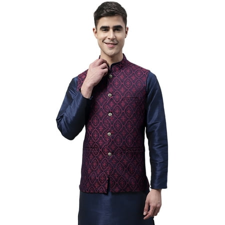 Maple Clothing Men's Sleeveless Modi Jacket Brocade Indian High Collar Waistcoat Vest (Navy Blue/Maroon, M)