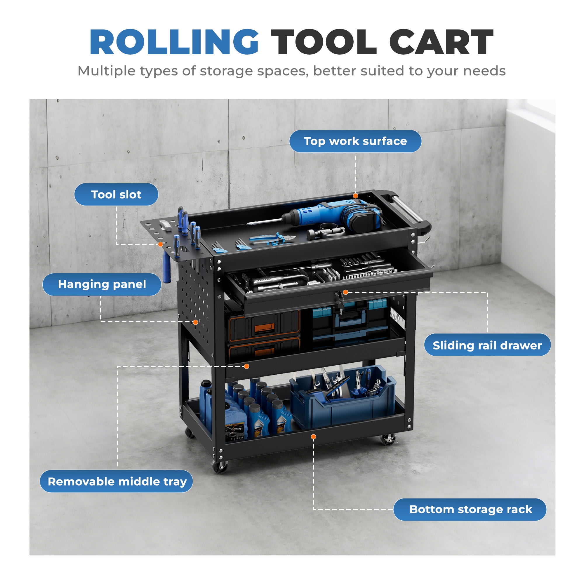 SOLAURA 3 Tier Rolling Tool Cart on Wheels with Lockable Drawers, 420 LBS Capacity Tool storage Cart with Pegboard and Hooks, Rolling Tool Box for Garage, Warehouse, Workshop and Factory(Black)