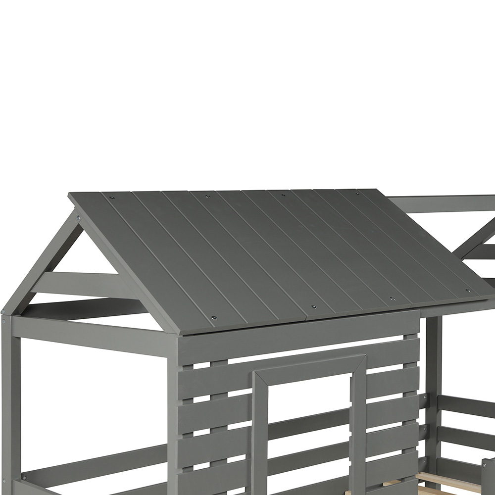 Kepooman Twin Over Twin Wood Bunk Bed with Roof & Window & Guardrail & Ladder for Kids, 77.8"L x 41"W x 83.1"H, Gray Kepooman Twin Over Twin Wood Bunk Bed with Roof & Window & Guardrail & Ladder for Kids, 77.8"L x 41"W x 83.1"H, Gray