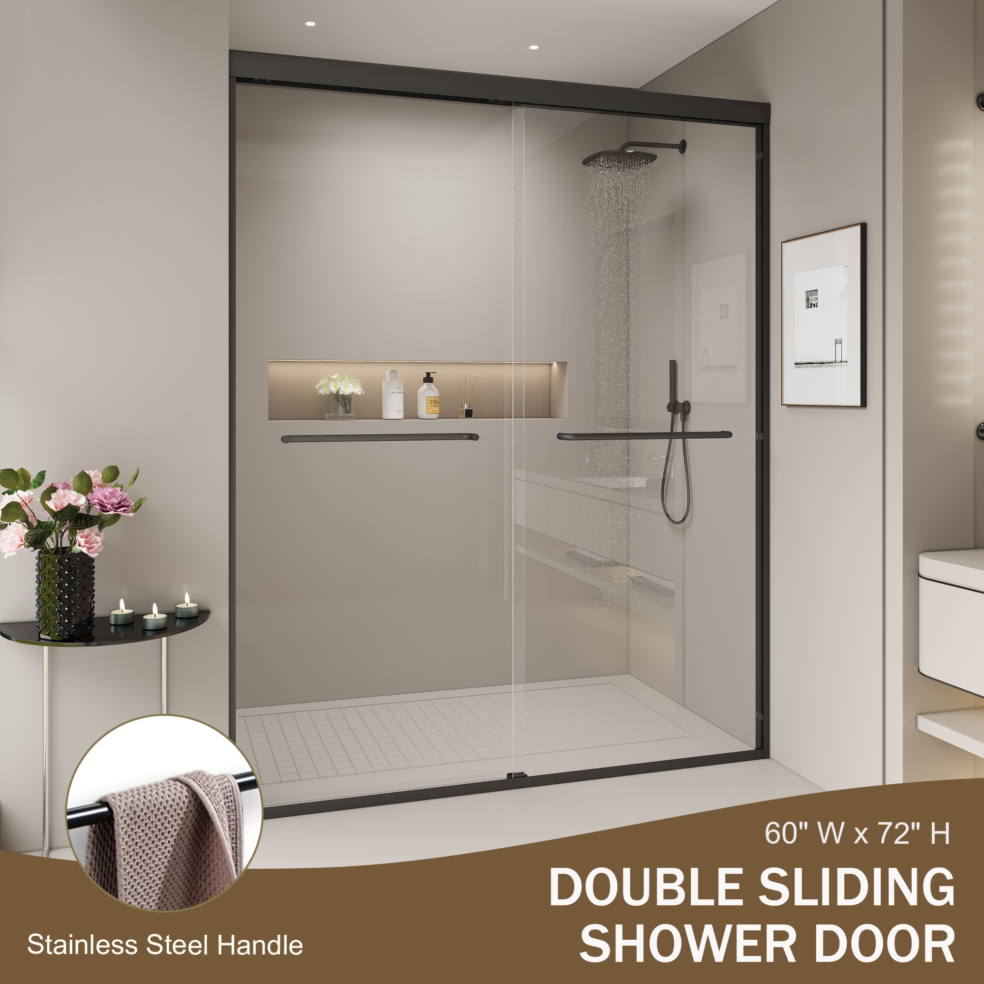 Aukfa Shower Doors, 56 - 60" W x 72" H Sliding Glass Shower Door, Matte Black Aluminum Frame, 1/4'' (6mm) High-Strength Tempered Glass for Walk-in Showers