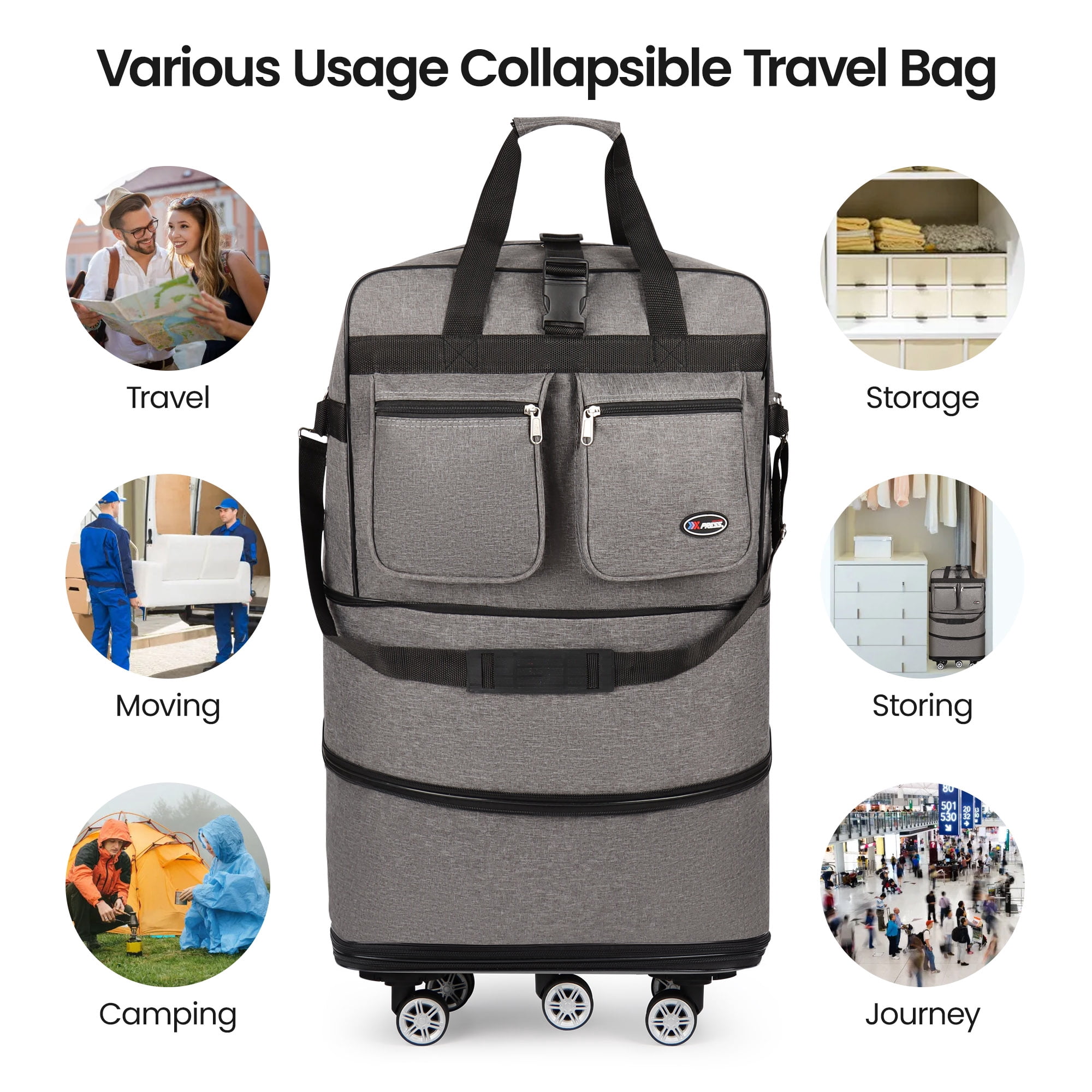 36" Expandable Foldable Luggage Bag,Collapsible Suitcases with Wheels,Lightweight Rolling Duffle Bag for Travel, Moving, Home Storage, Grey, MEX