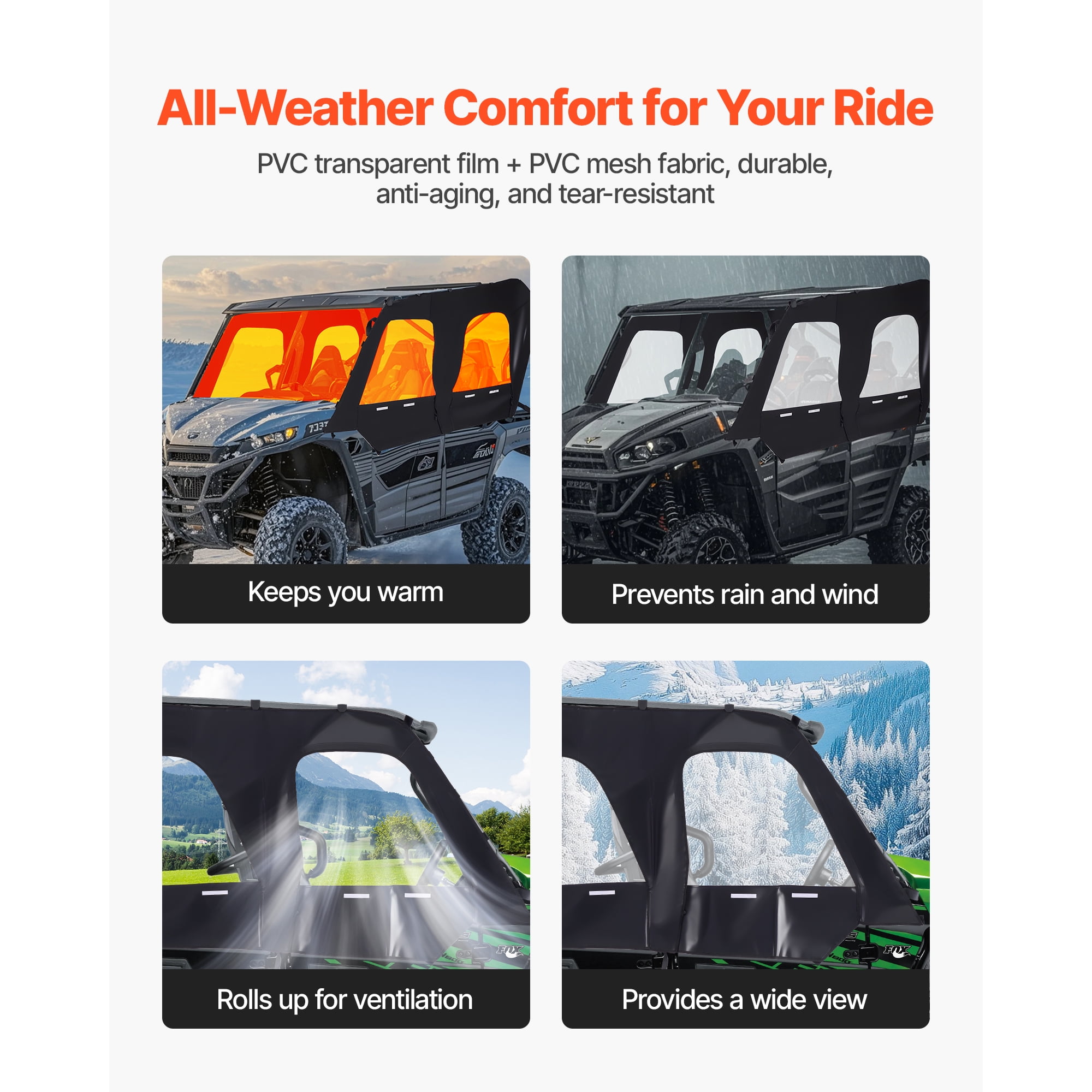 KFFKFF Cab Enclosure Upper Doors, Compatible with Kawasaki Teryx4 2012-2022, Soft Upper Doors, Windproof & Waterproof Zippered UTV Side Window Kit