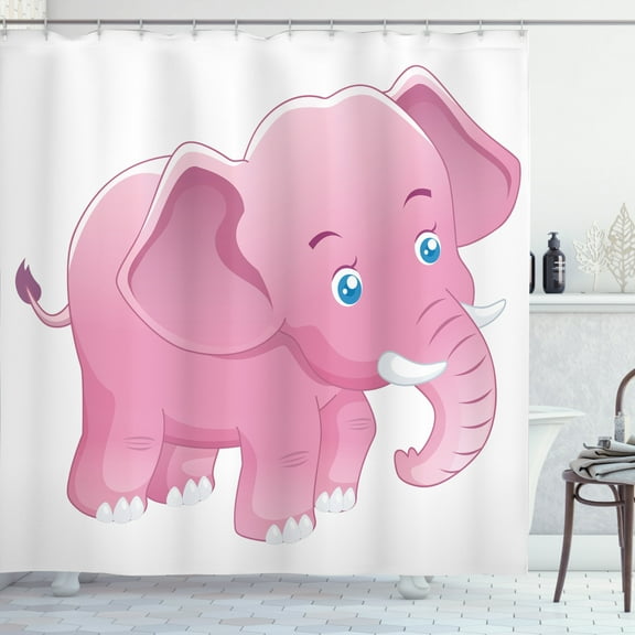 Ambesonne Animal Cartoon Shower Curtain, Pinkish Funny Tusk, 69"Wx84"L, White and Pink