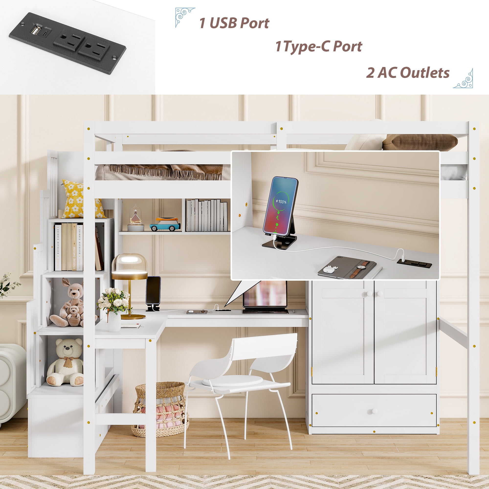 Mintazer Full Size Loft Bed with L-Shaped Desk & Wardrobe, Loft Bed with Storage Staircase & Charging Station, White