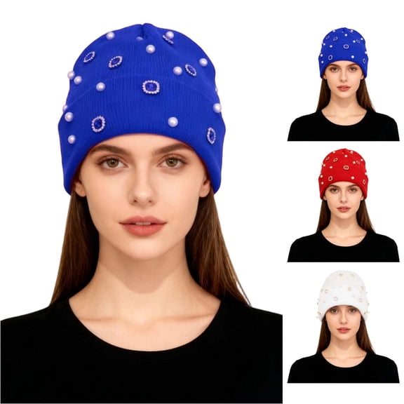 XIAOCHA Women’S Pearl‑Gem Beanie,Rhinestone‑Trim Fall‑Winter Outdoor Toque,Blue