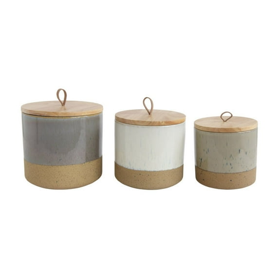 3R Studios White Stoneware Canister with Wood Lid and Leather Loop