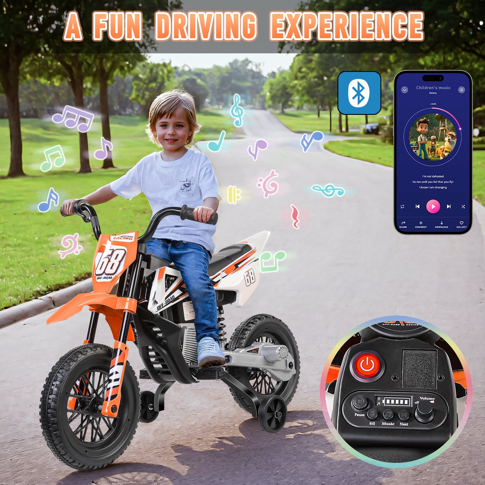 Farmdex 12V Ride on Dirt Bike for Kids, Ride on Motorcycle with 2 Training Wheels, Electric Motorcycle with Twist Grip Throttle, Built-in Music, 30W*2 Motors, Orange