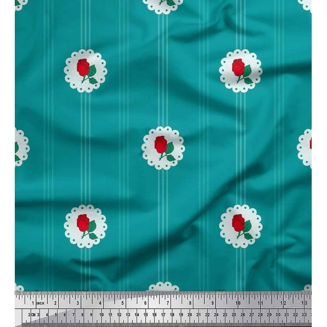 Soimoi Tissu en Coton Canard Rayé, Feuilles & Roses Imprimé Floral 1 Yard 42 Pouces de Large
