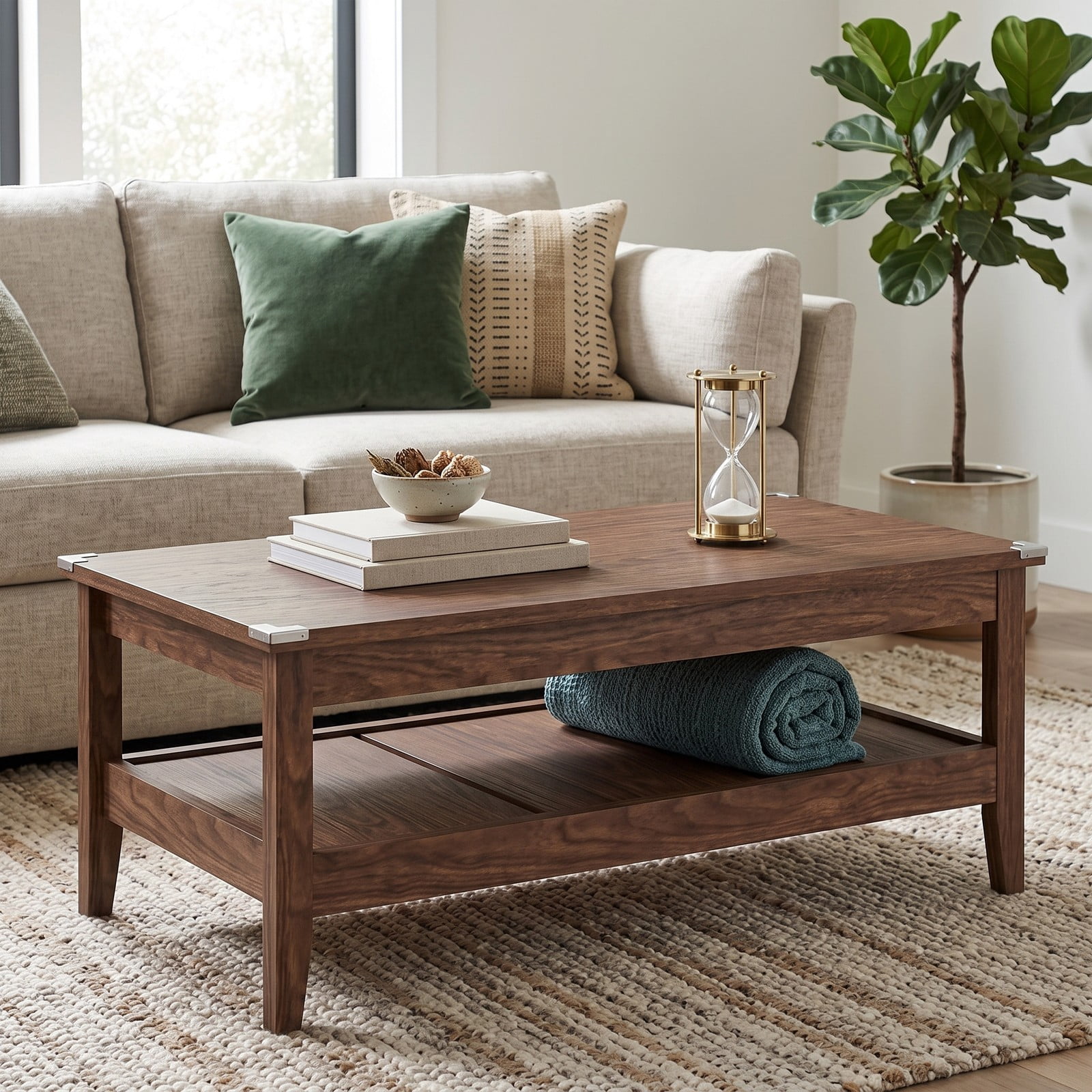 Furnibear Farmhouse Coffee Table, 2-Tier Rustic Cocktail Center Table with Thickened Tabletop and Open Storage Shelf for Living Room, Engineered Wood Rectangle, Walnut