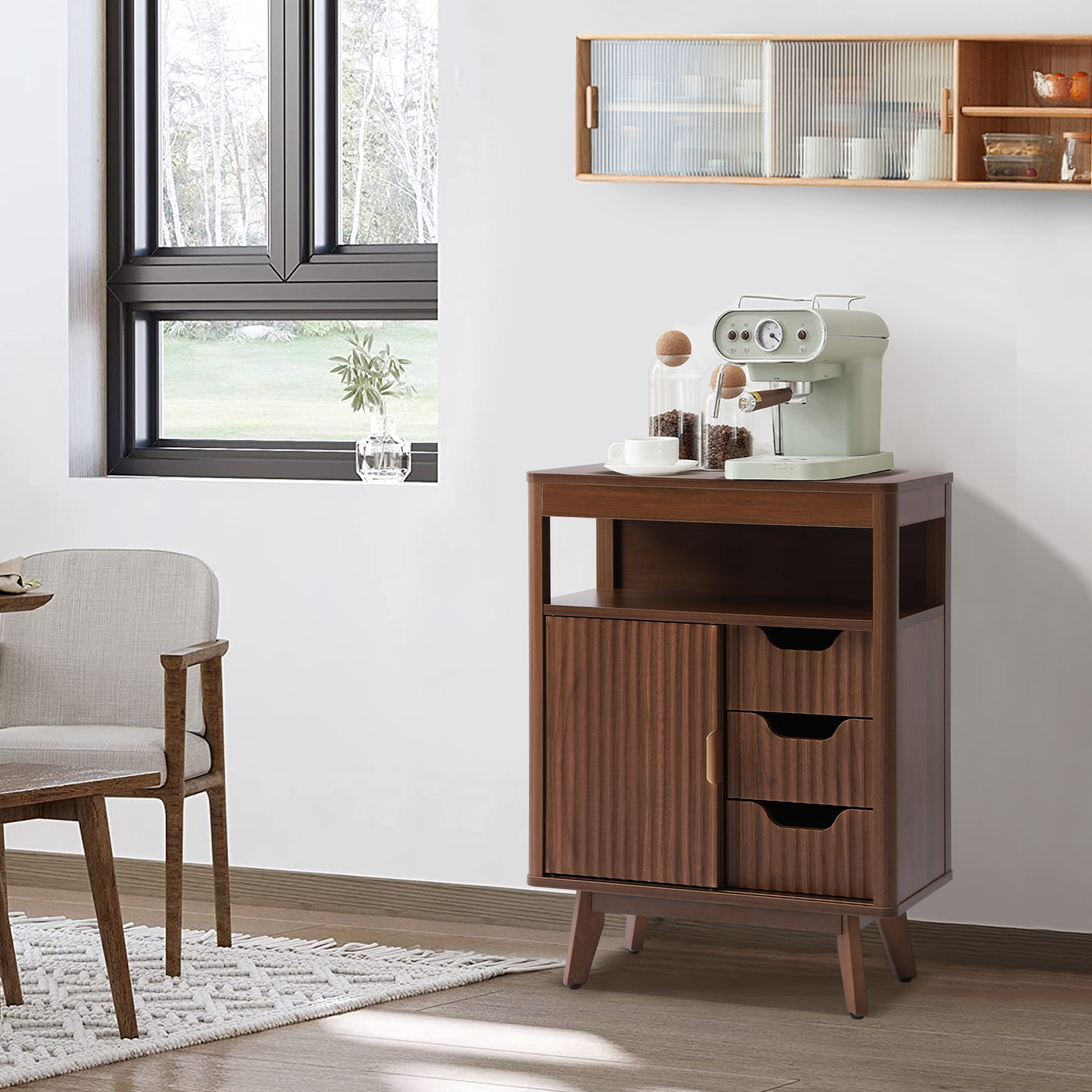 Magic Union Bathroom Storage Cabinet with Fluted Sliding Door, 3 Drawers Bathroom Floor Cabinet, Freestanding Storage Organizer w/Adjustable Shelf, Faux Marble Top, Curved Profile Design Natural Oak