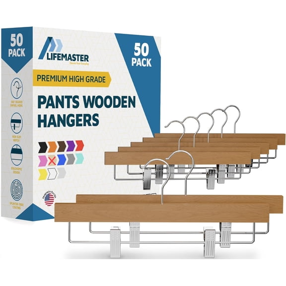 Lifemaster 50-Pack Wooden Pants Hangers with Adjustable Non-Slip Clips, 360° Swivel Hook & Slim Design for Slacks, Jeans and Skirts
