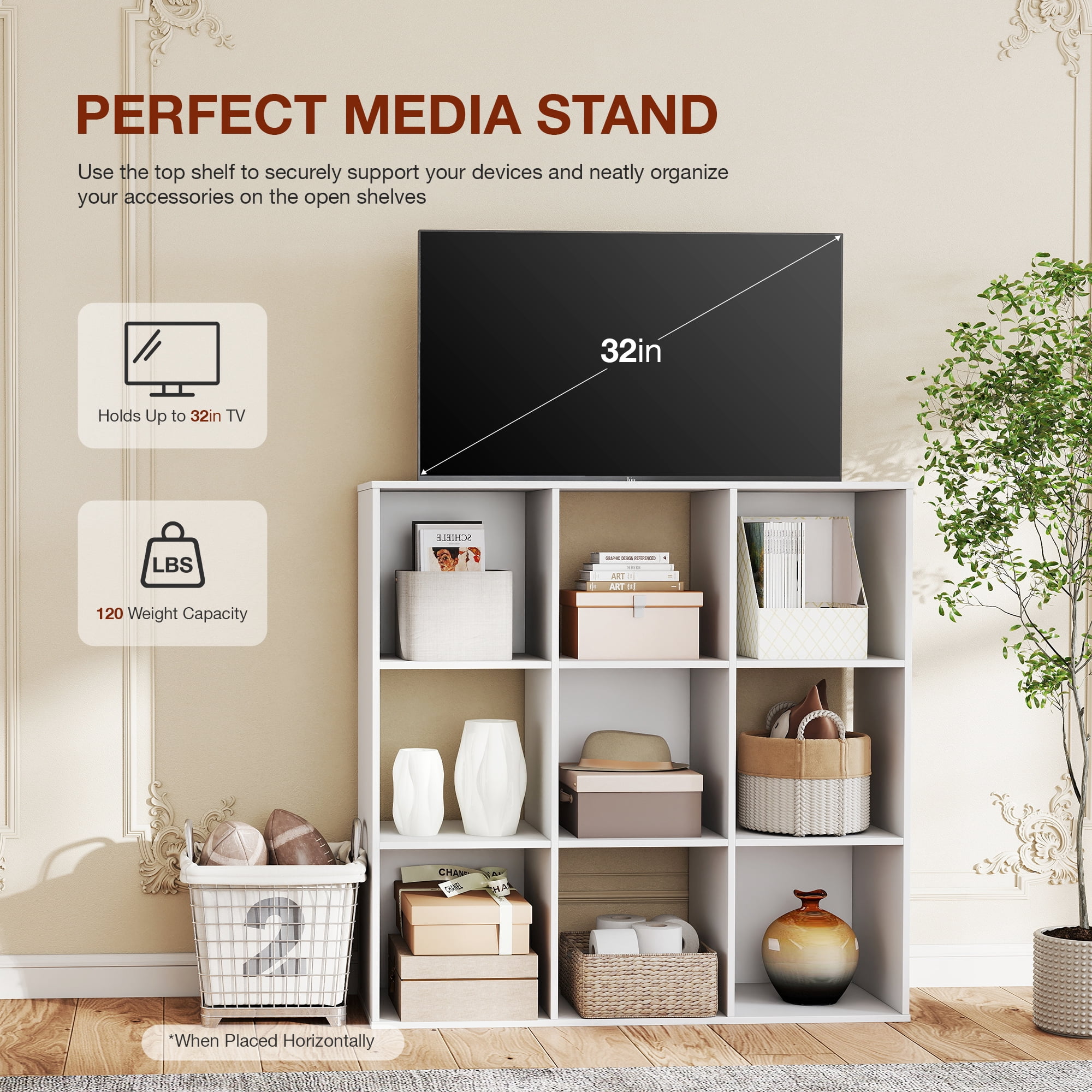 MCQ 9 Cube Storage Organizer, Open Bookshelf with 3 Removable Back Panels for Living Room, Bedroom, Home Office，36"L x 11.6"W x 36"H, White