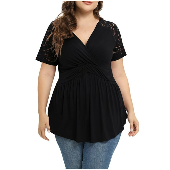 Hvyesh Women Plus Size Top Short Sleeve Wrap V Neck Tops Lace Dressy Tunic Shirt Sexy Low Cut Babydoll Blouses