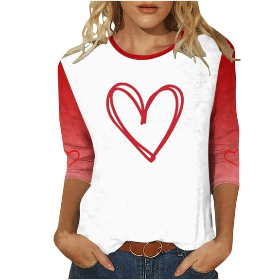 hotojiny Plus Size Valentine's Day Tops for Women 3/4 Sleeve Fashion Cute Soft T Shirts Lounge Crewneck Comfy Tops