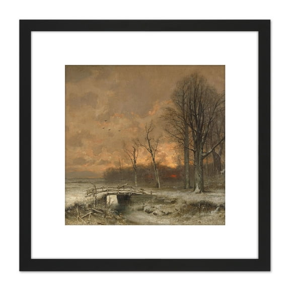 Apol Winter Scene Sun Setting Behind Trees 8X8 Inch Square Wooden Framed Wall Art Print Picture with Mount