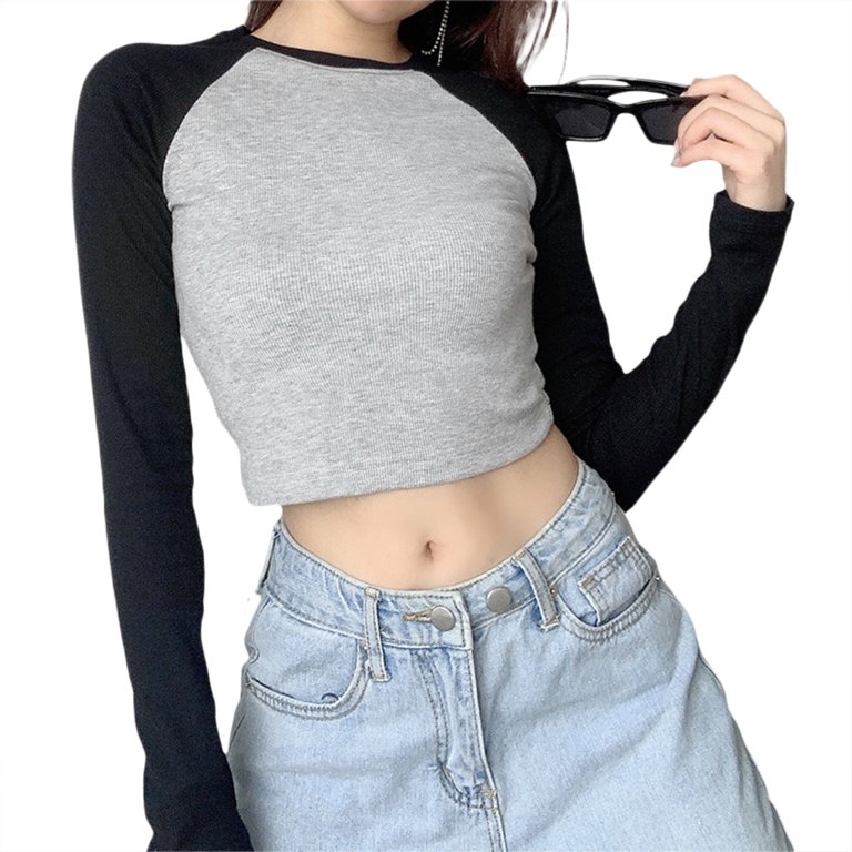 Binpure Women Long Sleeve Crop Tops Color Patchwork Ribbed Knit O