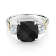 thumbnail image 2 of Gem Stone King 925 Silver and 10K Yellow Gold Black Onyx 3 Stone Ring for Women (4.30 Cttw, Gemstone December Birthstone, Cushion Checkerboard 10MM, Round 4MM, Size 6), 2 of 3