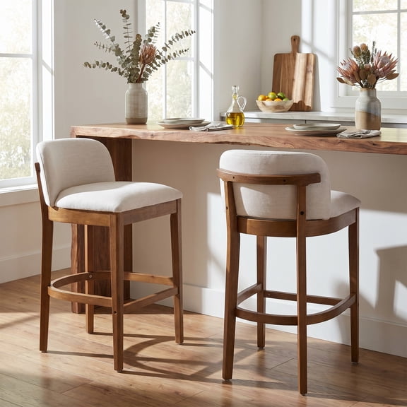 Christopher Knight Home Classic Upholstered Wooden Bar Stools with Low Curved Back, Beige, Set of 2