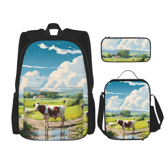 Easygdp Countryside Farm Cow Mochila para Niños y Niñas con Set de Caja de Almuerzo y Estuche para Lápices 3 en 1, Mochila Escolar Estampada para Adolescentes