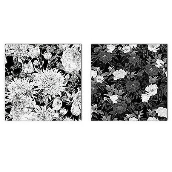 wall26-2 Panel Square Canvas Wall Art - Floral Pattern in Black and White - Giclee Print Gallery Wrap Modern Home Art Ready to Hang - 16"x16" x 2 Panels