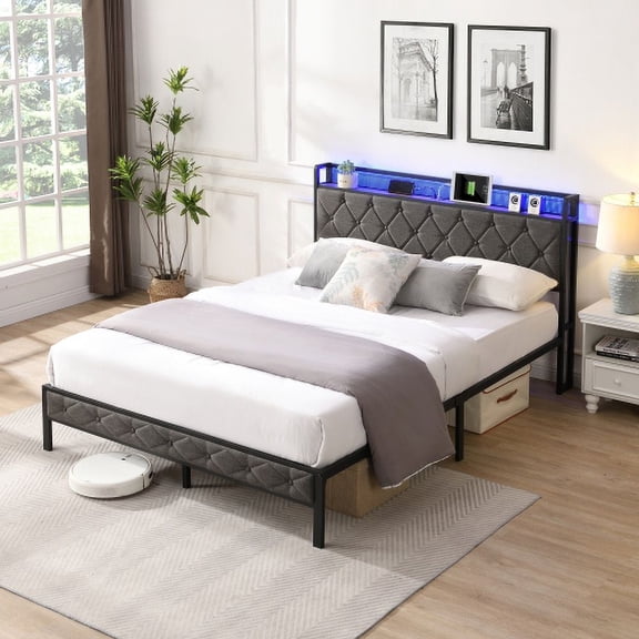 Full Bed Frame with Storage Headboard, LED Lights & Charging Station, Upholstered Platform Bed with Metal Slats, No Box Spring Needed, Noise Free, Dark Gray